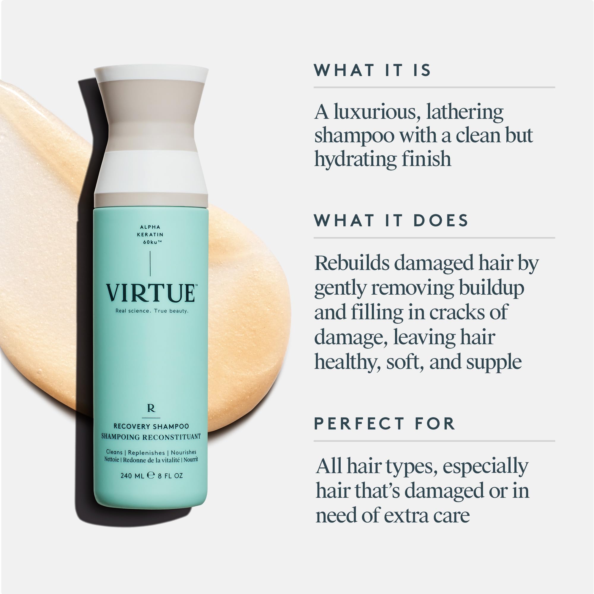 Virtue Recovery Sulfate Free Shampoo with Keratin and Baobab Seed Oil for Damaged Hair, Color Safe